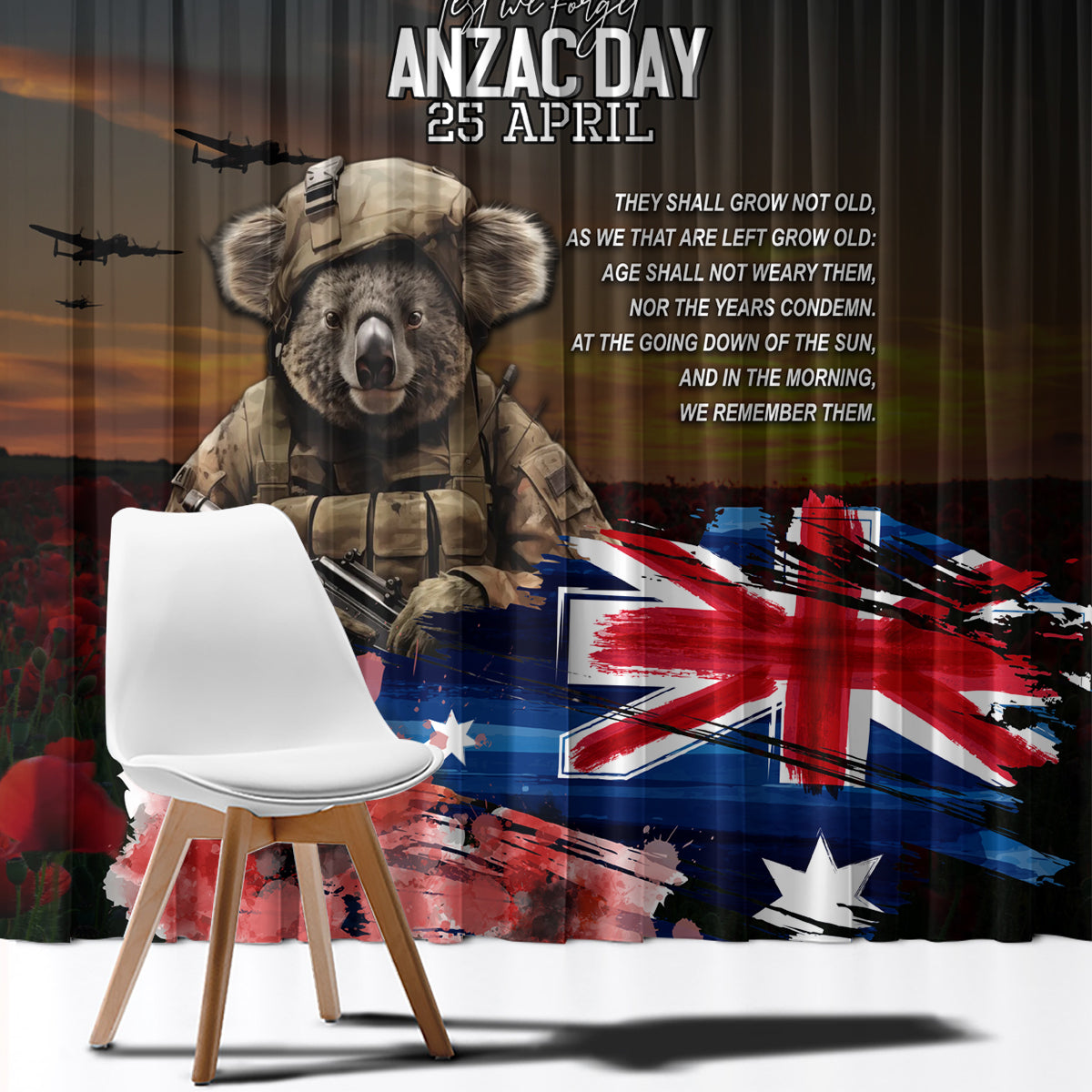 Australia ANZAC Day Window Curtain Koala and Kangaroo Red Poppy Flower Field Aboriginal Pattern