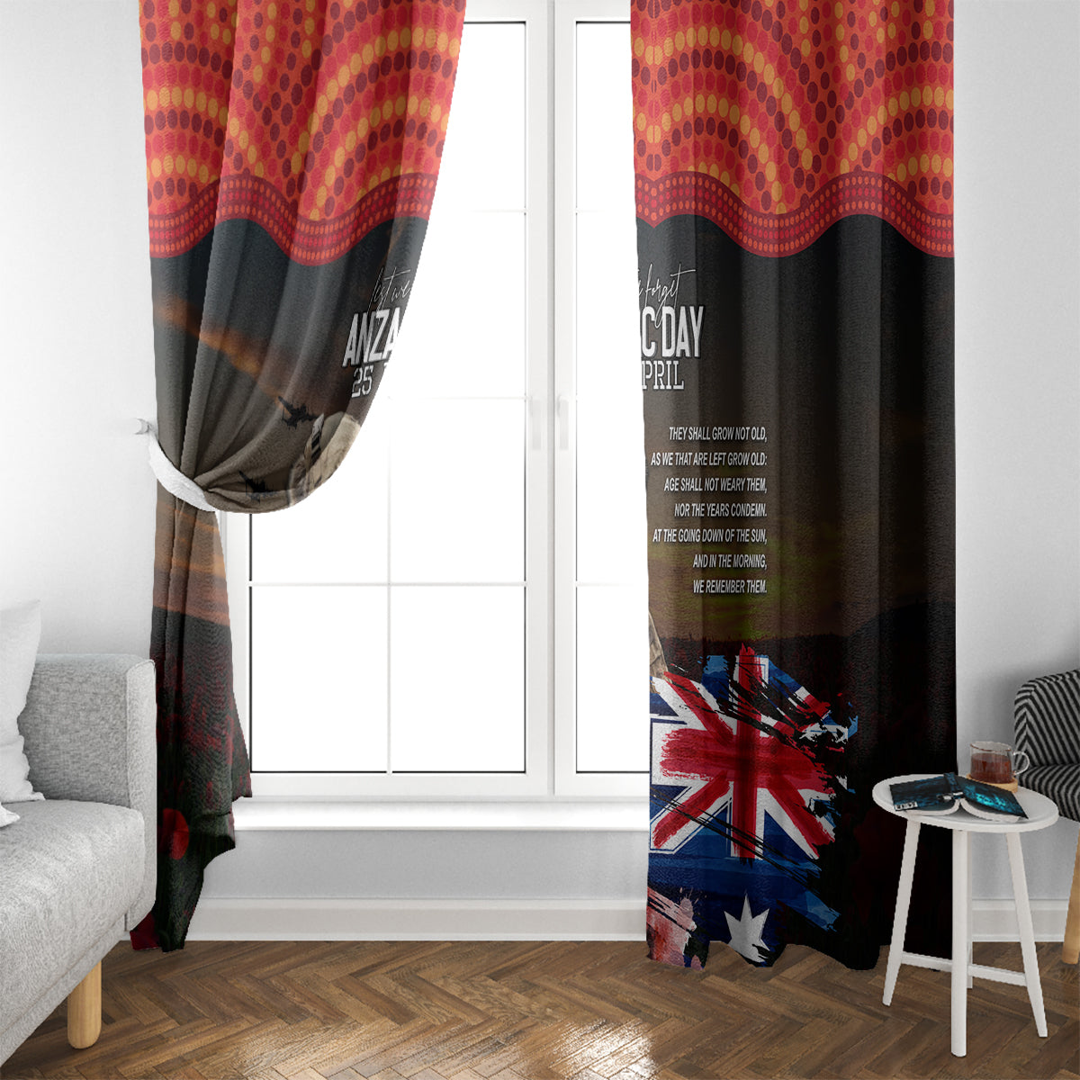 Australia ANZAC Day Window Curtain Koala and Kangaroo Red Poppy Flower Field Aboriginal Pattern
