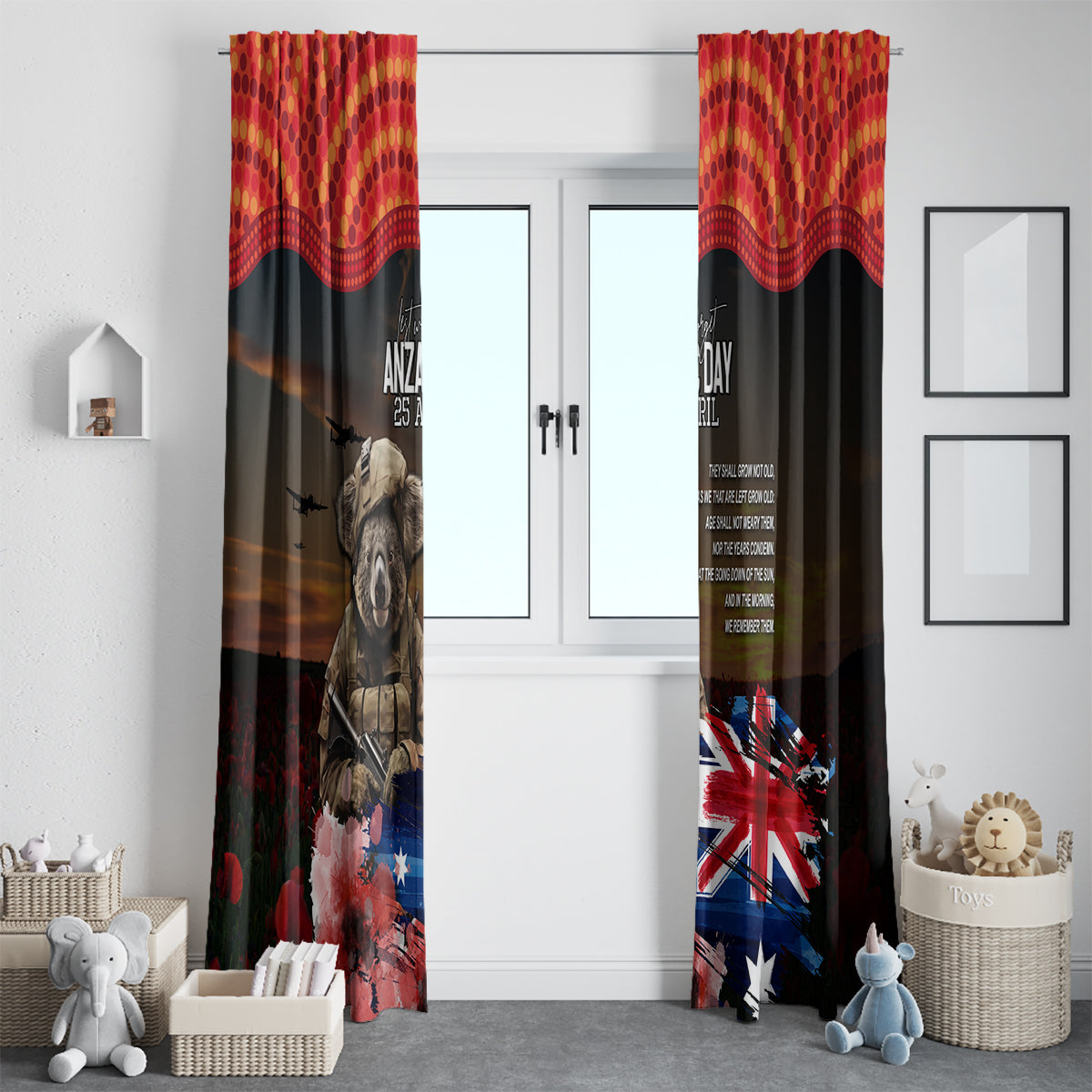 Australia ANZAC Day Window Curtain Koala and Kangaroo Red Poppy Flower Field Aboriginal Pattern