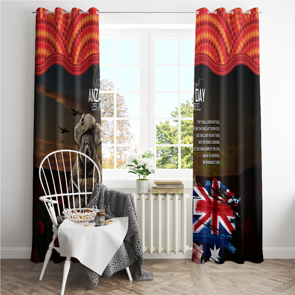 Australia ANZAC Day Window Curtain Koala and Kangaroo Red Poppy Flower Field Aboriginal Pattern