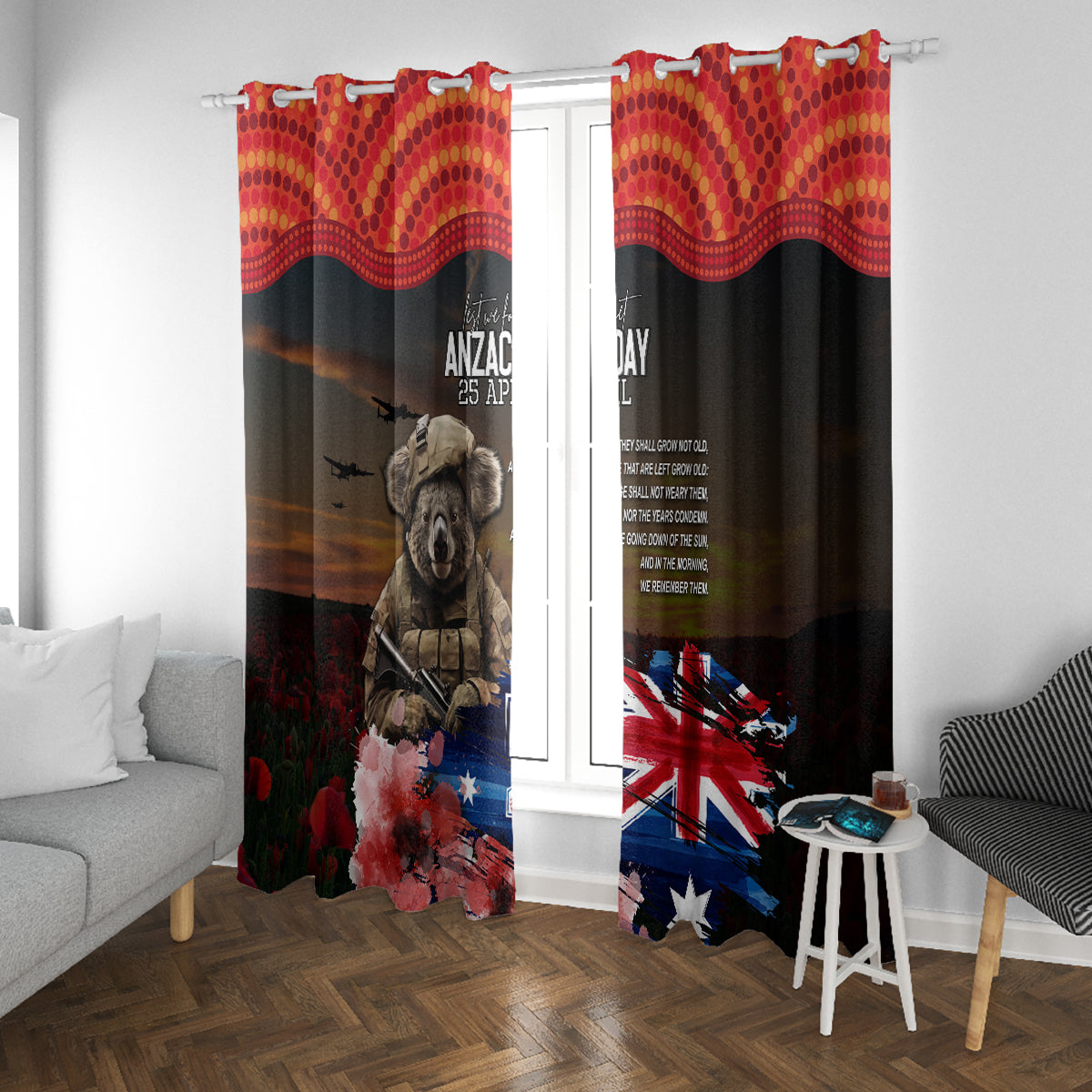 Australia ANZAC Day Window Curtain Koala and Kangaroo Red Poppy Flower Field Aboriginal Pattern