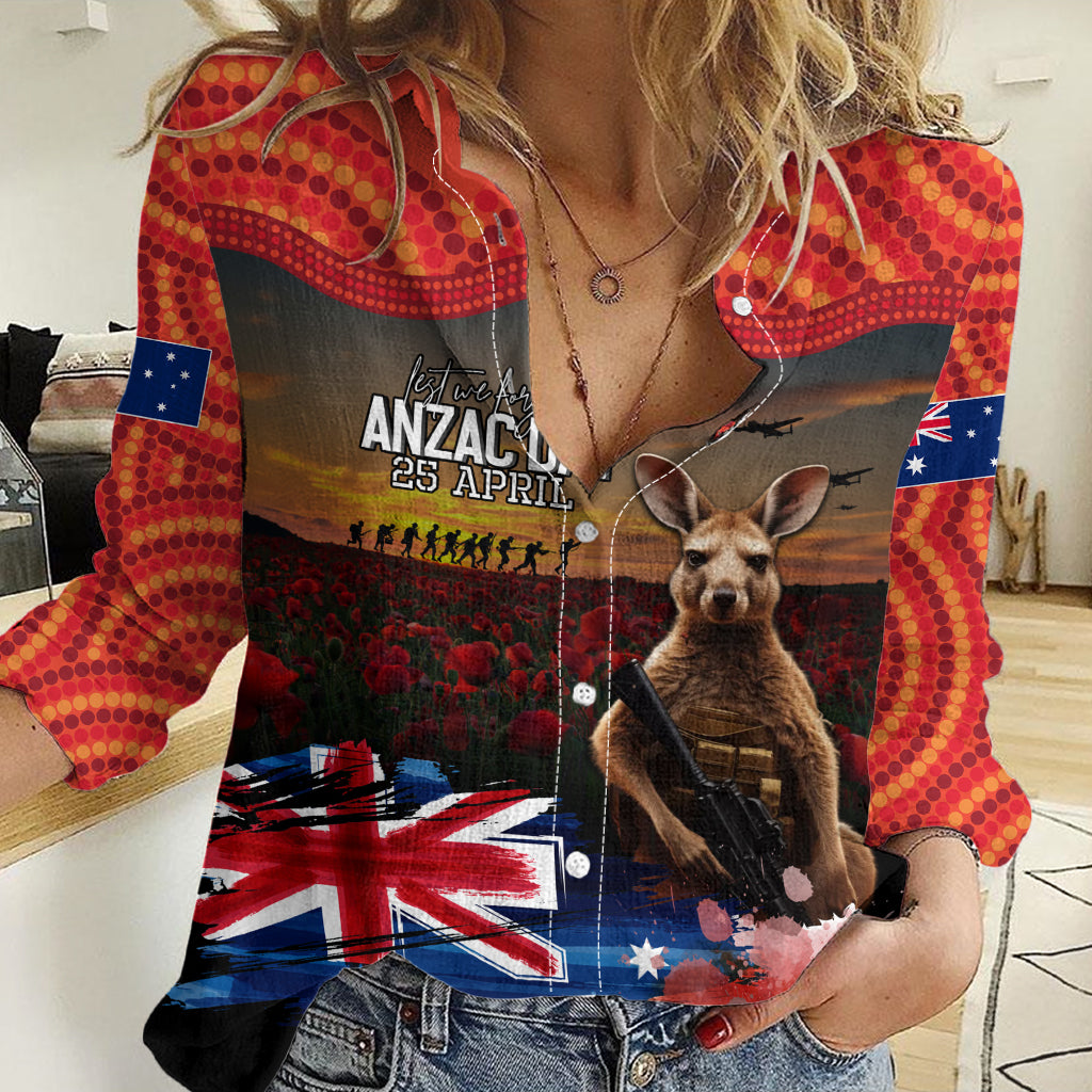Australia ANZAC Day Women Casual Shirt Koala and Kangaroo Red Poppy Flower Field Aboriginal Pattern - Vibe Hoodie Shop