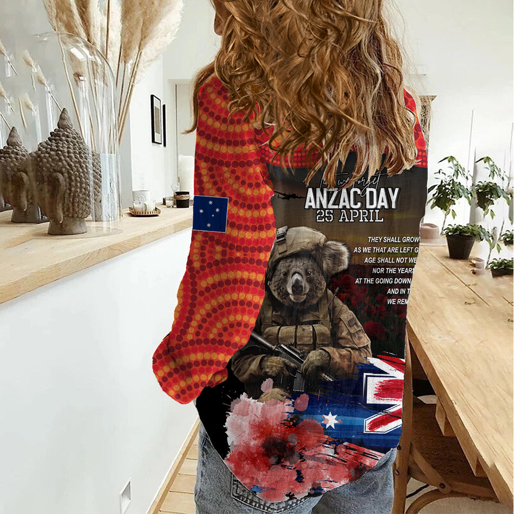 Australia ANZAC Day Women Casual Shirt Koala and Kangaroo Red Poppy Flower Field Aboriginal Pattern - Vibe Hoodie Shop