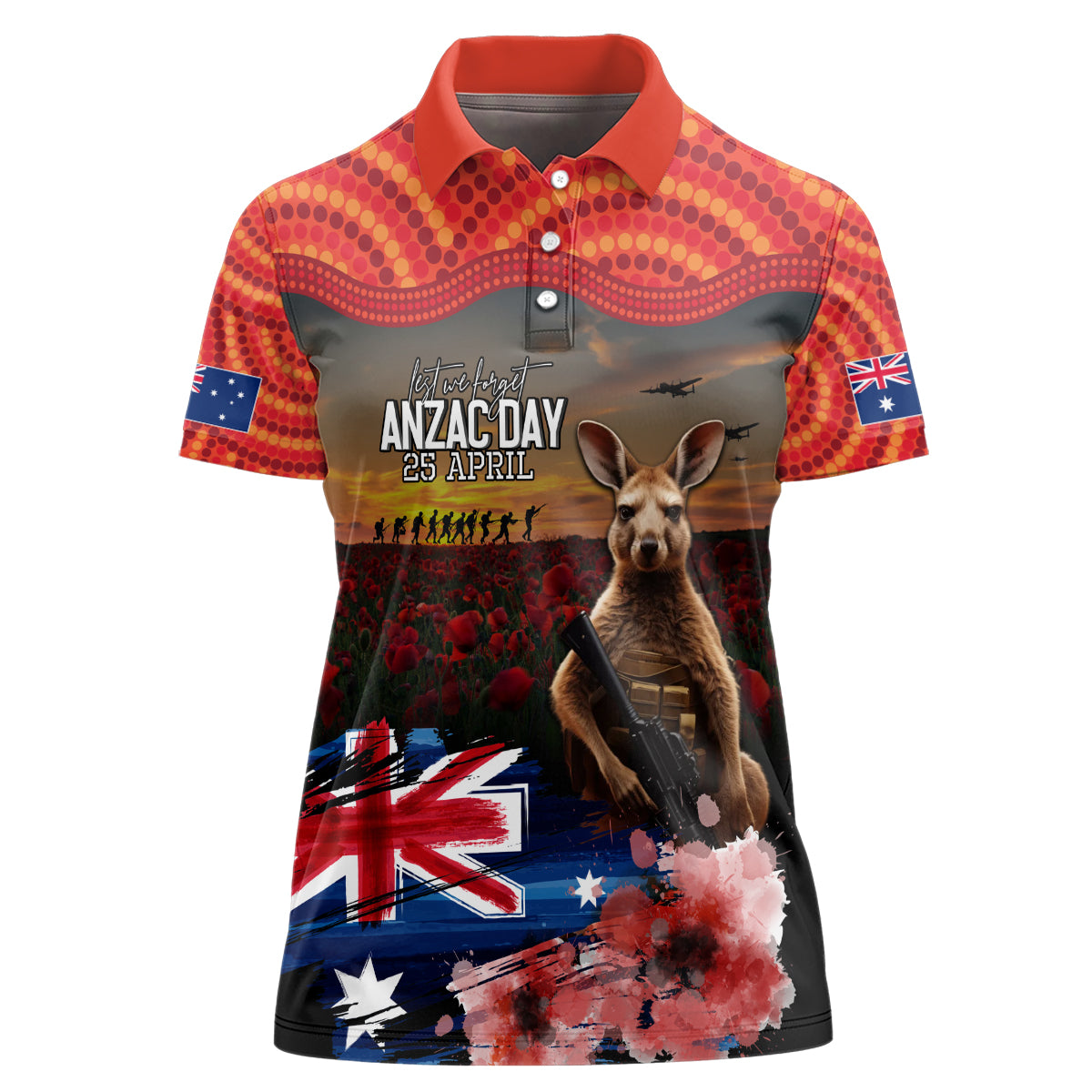 Australia ANZAC Day Women Polo Shirt Koala and Kangaroo Red Poppy Flower Field Aboriginal Pattern - Vibe Hoodie Shop