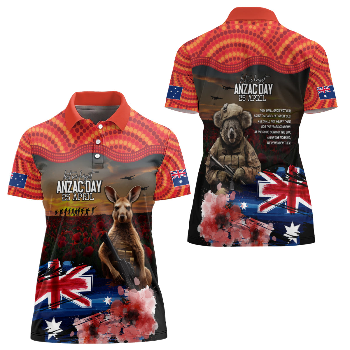 Australia ANZAC Day Women Polo Shirt Koala and Kangaroo Red Poppy Flower Field Aboriginal Pattern - Vibe Hoodie Shop