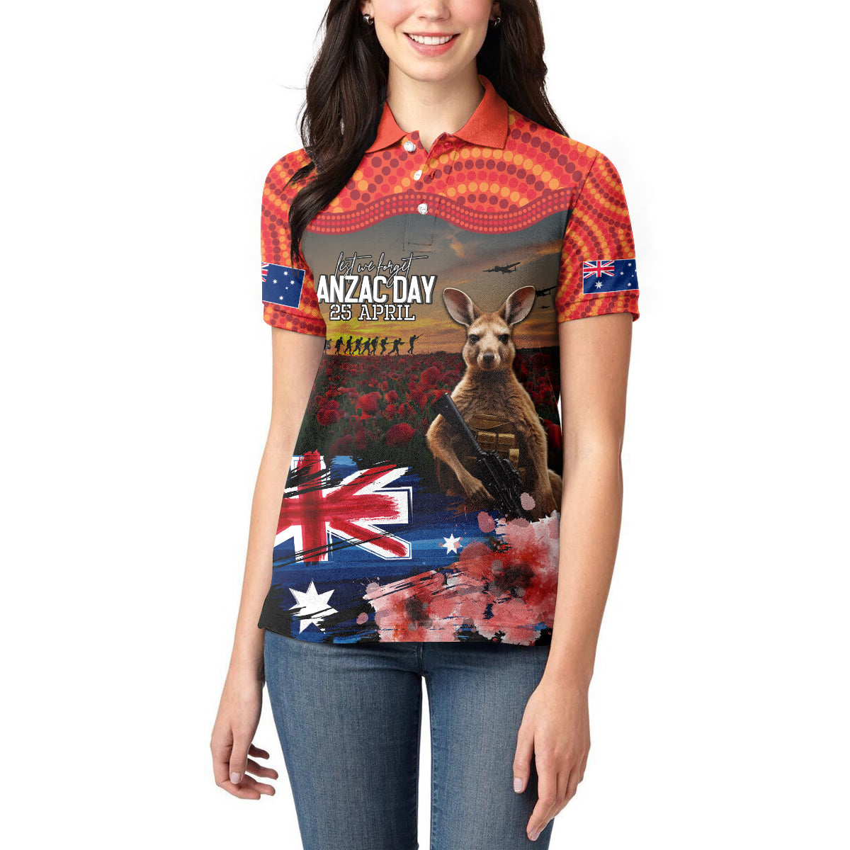 Australia ANZAC Day Women Polo Shirt Koala and Kangaroo Red Poppy Flower Field Aboriginal Pattern - Vibe Hoodie Shop