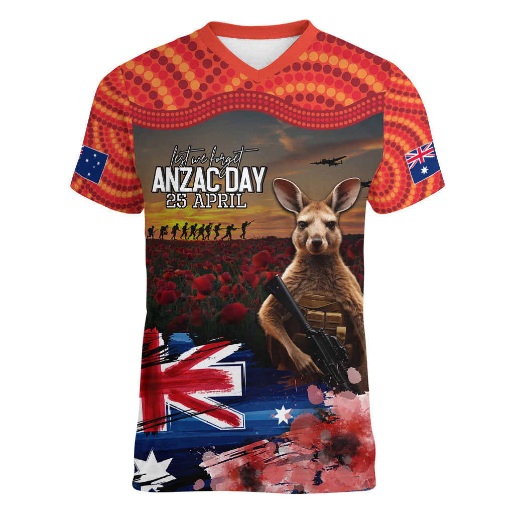Australia ANZAC Day Women V Neck T Shirt Koala and Kangaroo Red Poppy Flower Field Aboriginal Pattern - Vibe Hoodie Shop