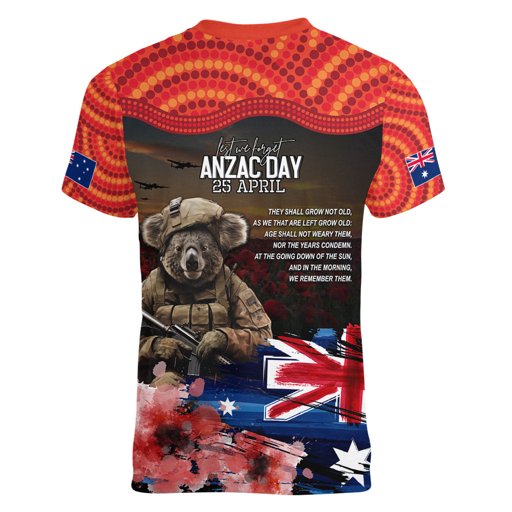 Australia ANZAC Day Women V Neck T Shirt Koala and Kangaroo Red Poppy Flower Field Aboriginal Pattern - Vibe Hoodie Shop