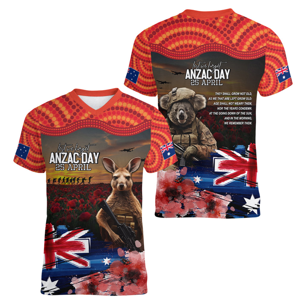 Australia ANZAC Day Women V Neck T Shirt Koala and Kangaroo Red Poppy Flower Field Aboriginal Pattern - Vibe Hoodie Shop