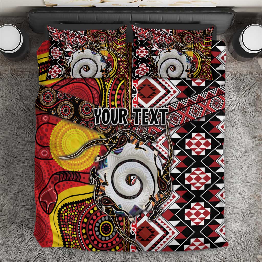 Personalised Aotearoa and Australia Together Bedding Set Koru and Kangaroo - Taniko with Aboriginal Motif - Vibe Hoodie Shop