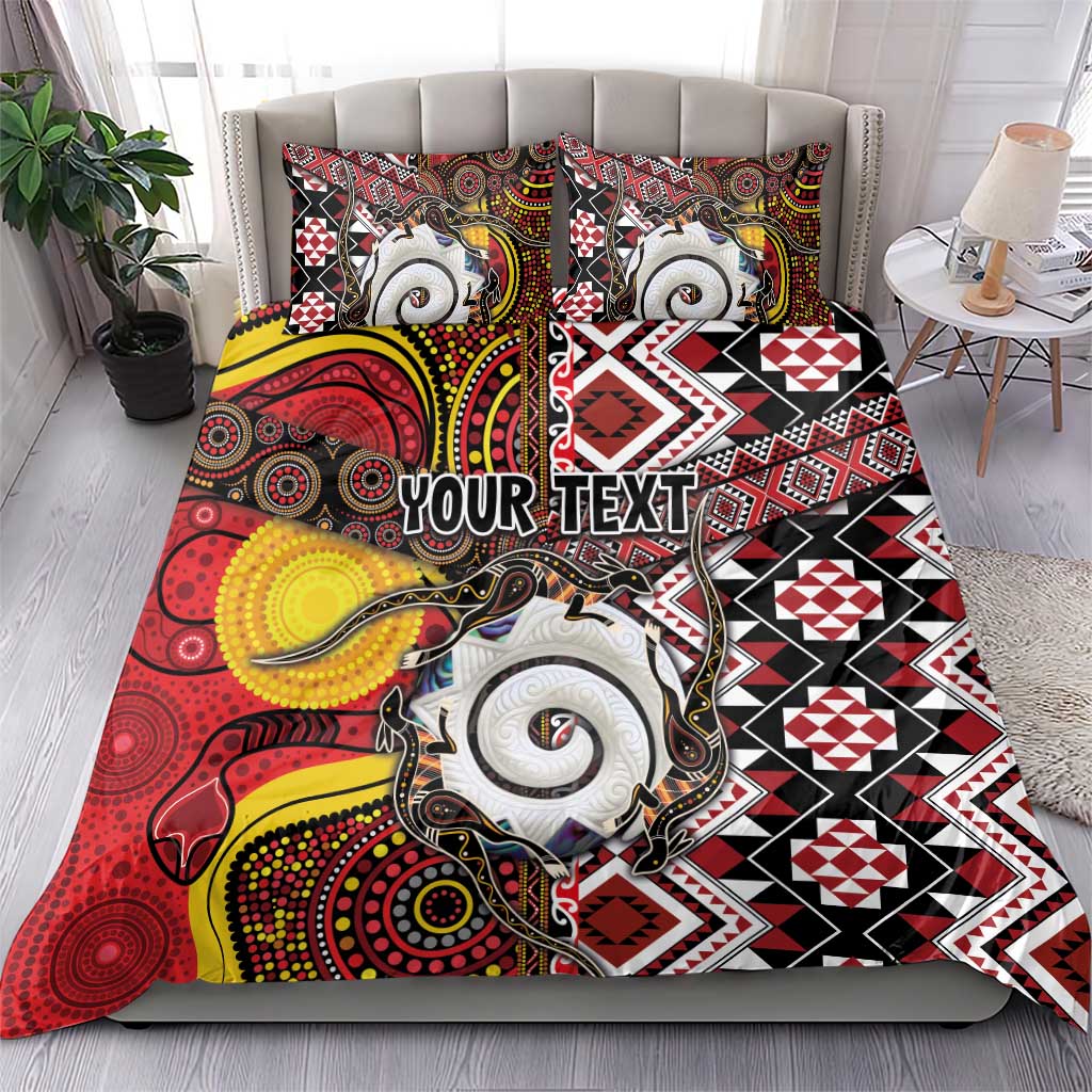 Personalised Aotearoa and Australia Together Bedding Set Koru and Kangaroo - Taniko with Aboriginal Motif - Vibe Hoodie Shop