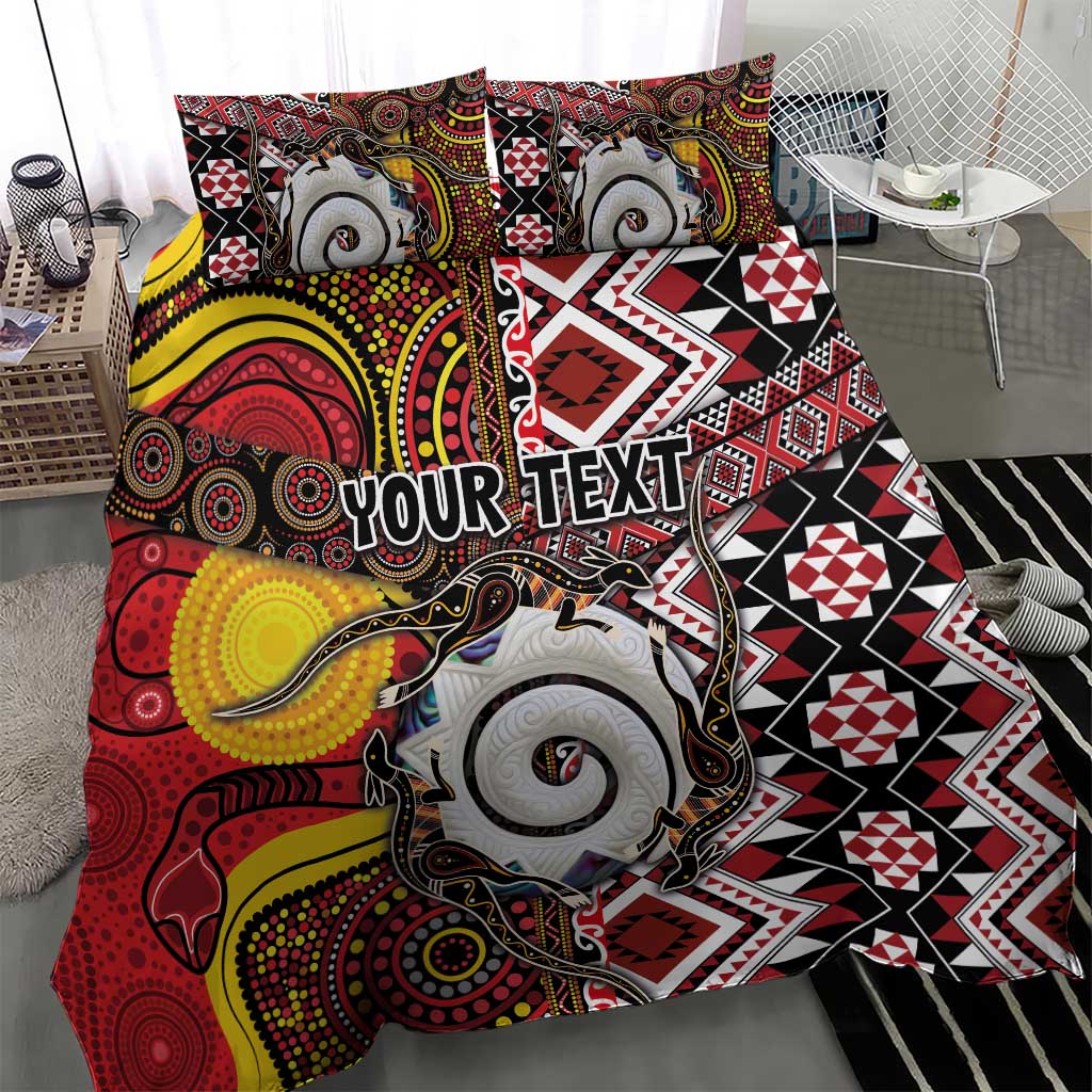 Personalised Aotearoa and Australia Together Bedding Set Koru and Kangaroo - Taniko with Aboriginal Motif - Vibe Hoodie Shop