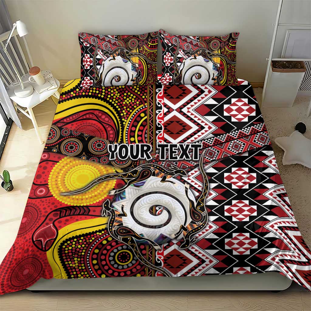 Personalised Aotearoa and Australia Together Bedding Set Koru and Kangaroo - Taniko with Aboriginal Motif - Vibe Hoodie Shop