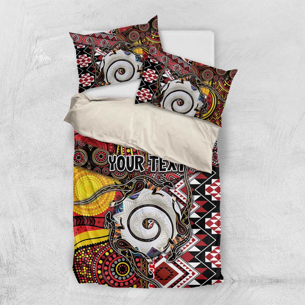 Personalised Aotearoa and Australia Together Bedding Set Koru and Kangaroo - Taniko with Aboriginal Motif - Vibe Hoodie Shop