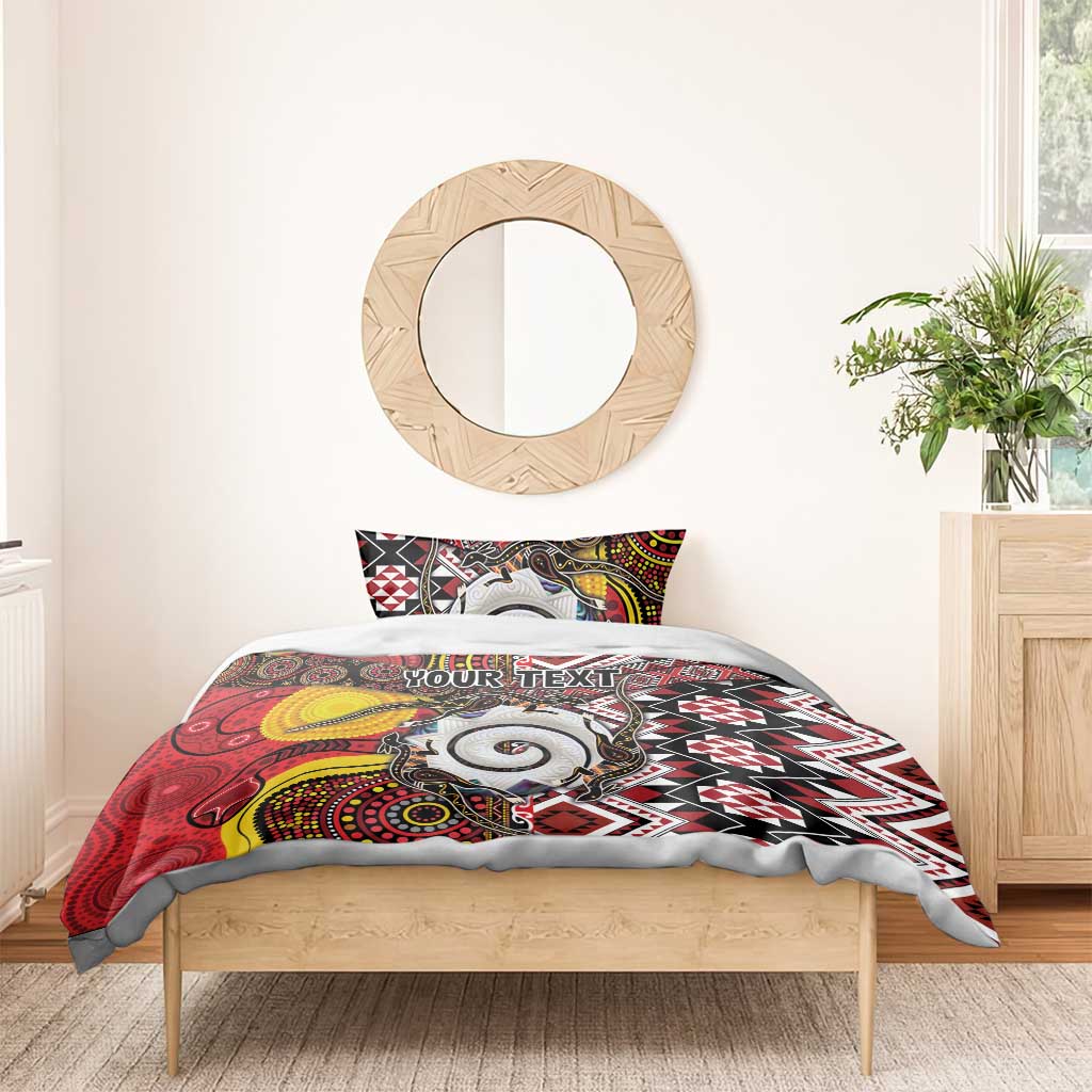 Personalised Aotearoa and Australia Together Bedding Set Koru and Kangaroo - Taniko with Aboriginal Motif - Vibe Hoodie Shop