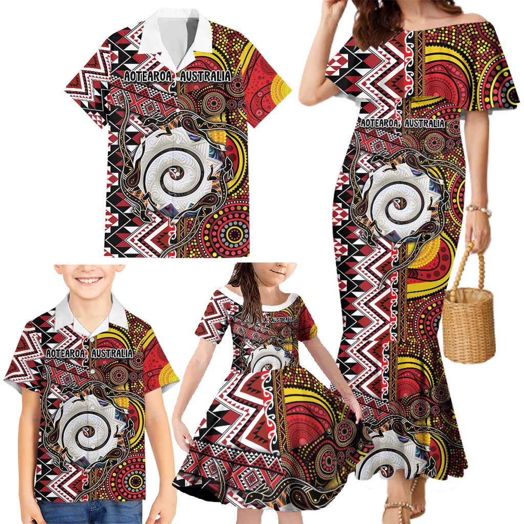 Personalised Aotearoa and Australia Together Family Matching Mermaid Dress and Hawaiian Shirt Koru and Kangaroo - Taniko with Aboriginal Motif