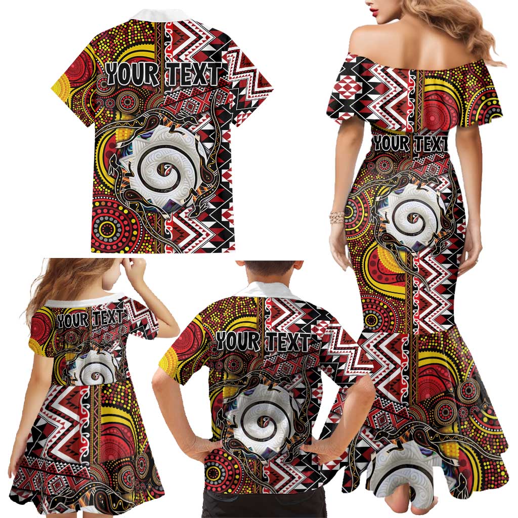 Personalised Aotearoa and Australia Together Family Matching Mermaid Dress and Hawaiian Shirt Koru and Kangaroo - Taniko with Aboriginal Motif