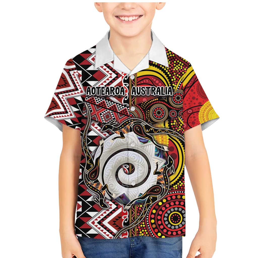 Personalised Aotearoa and Australia Together Family Matching Mermaid Dress and Hawaiian Shirt Koru and Kangaroo - Taniko with Aboriginal Motif