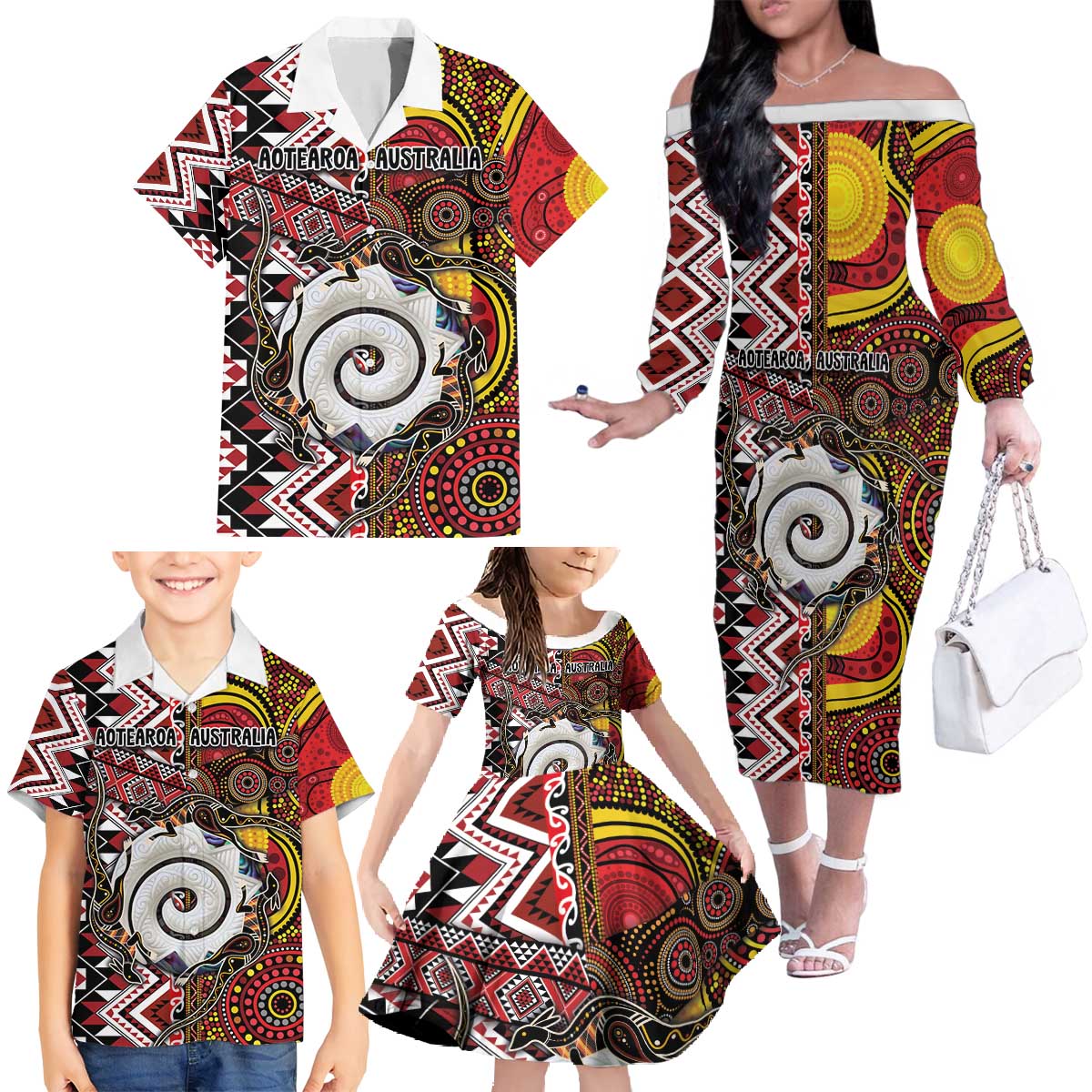 Personalised Aotearoa and Australia Together Family Matching Off The Shoulder Long Sleeve Dress and Hawaiian Shirt Koru and Kangaroo - Taniko with Aboriginal Motif