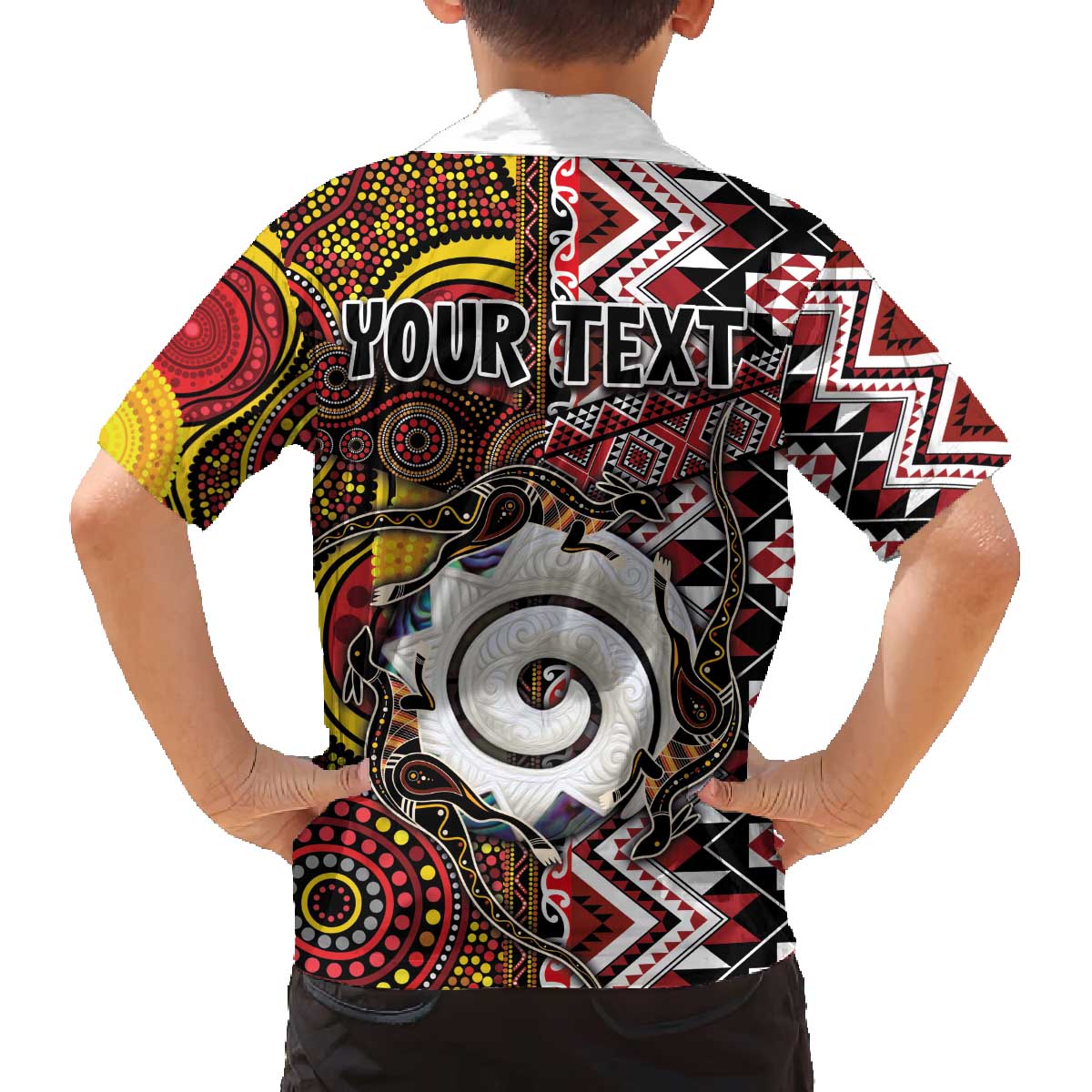 Personalised Aotearoa and Australia Together Family Matching Off The Shoulder Long Sleeve Dress and Hawaiian Shirt Koru and Kangaroo - Taniko with Aboriginal Motif