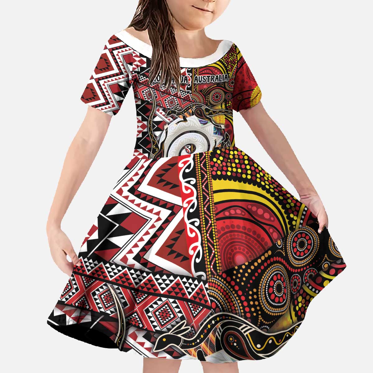 Personalised Aotearoa and Australia Together Family Matching Off The Shoulder Long Sleeve Dress and Hawaiian Shirt Koru and Kangaroo - Taniko with Aboriginal Motif