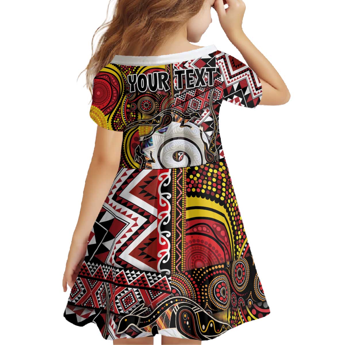 Personalised Aotearoa and Australia Together Family Matching Off The Shoulder Long Sleeve Dress and Hawaiian Shirt Koru and Kangaroo - Taniko with Aboriginal Motif