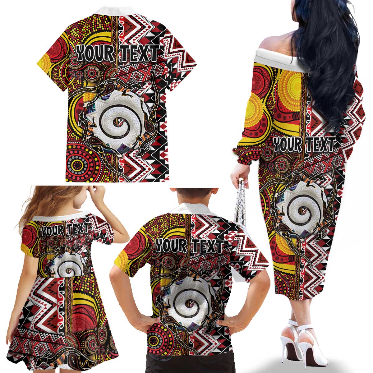 Personalised Aotearoa and Australia Together Family Matching Off The Shoulder Long Sleeve Dress and Hawaiian Shirt Koru and Kangaroo - Taniko with Aboriginal Motif