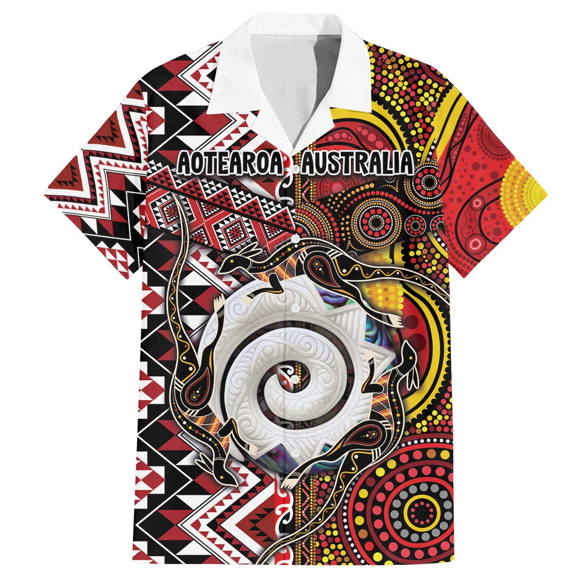 Personalised Aotearoa and Australia Together Family Matching Off The Shoulder Long Sleeve Dress and Hawaiian Shirt Koru and Kangaroo - Taniko with Aboriginal Motif