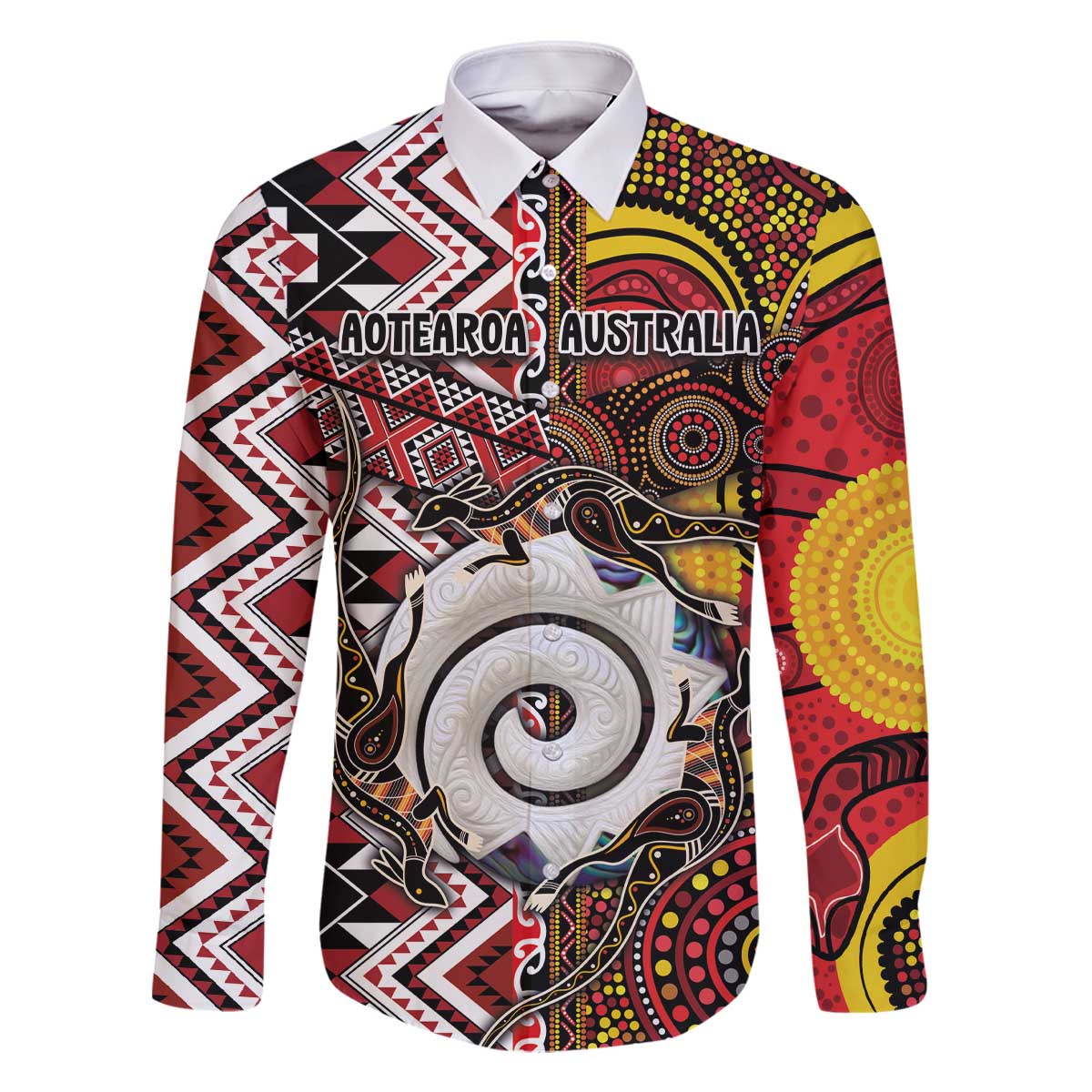 Personalised Aotearoa and Australia Together Family Matching Off The Shoulder Long Sleeve Dress and Hawaiian Shirt Koru and Kangaroo - Taniko with Aboriginal Motif