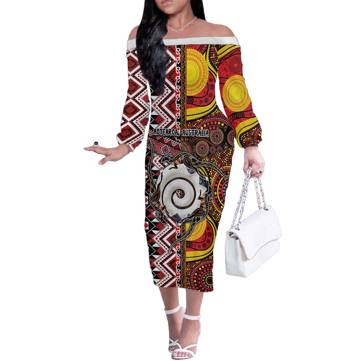 Personalised Aotearoa and Australia Together Family Matching Off The Shoulder Long Sleeve Dress and Hawaiian Shirt Koru and Kangaroo - Taniko with Aboriginal Motif