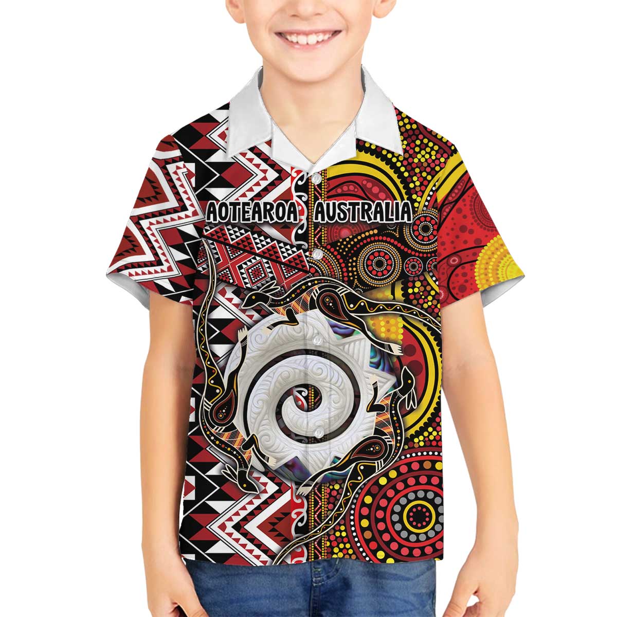 Personalised Aotearoa and Australia Together Family Matching Off The Shoulder Long Sleeve Dress and Hawaiian Shirt Koru and Kangaroo - Taniko with Aboriginal Motif