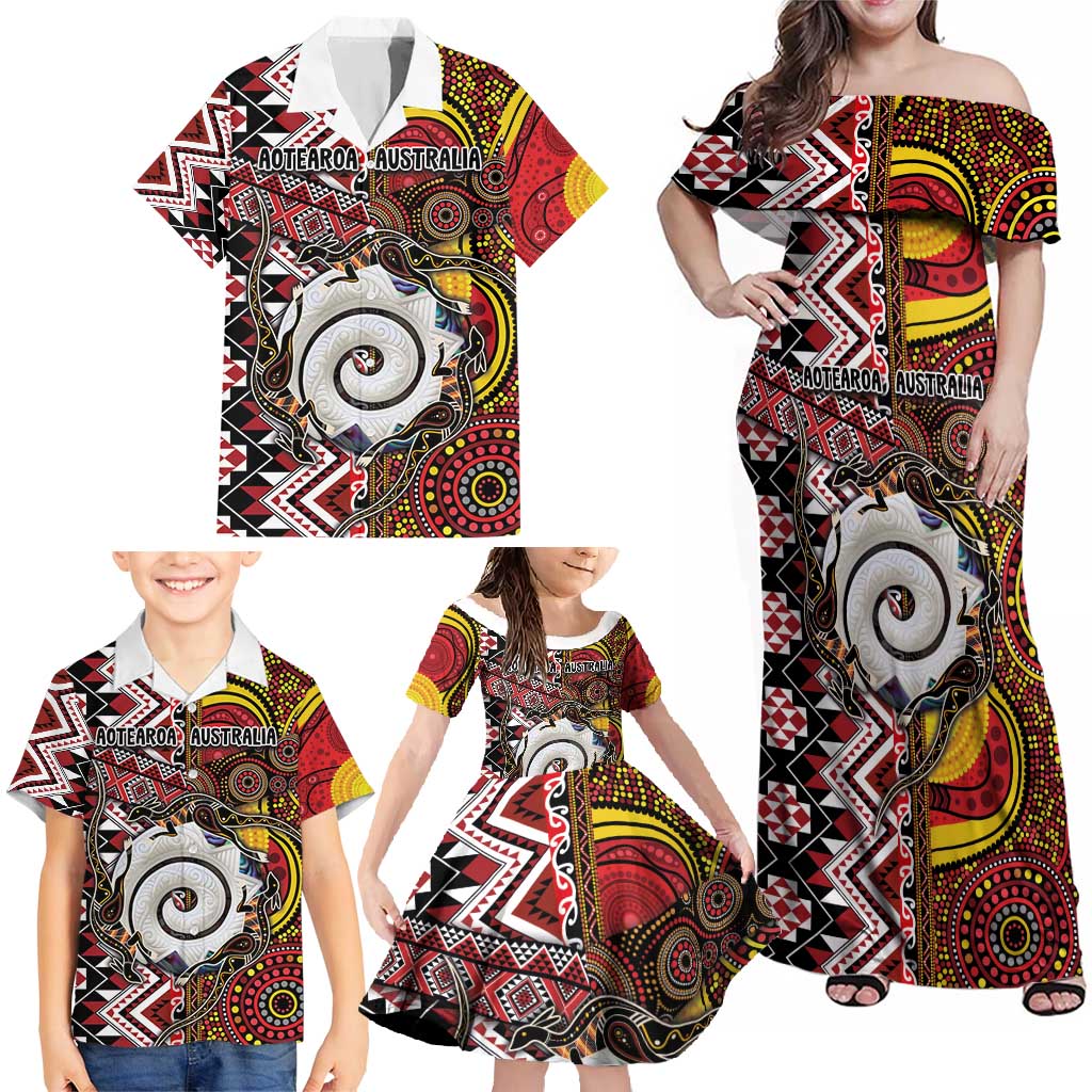 Personalised Aotearoa and Australia Together Family Matching Off Shoulder Maxi Dress and Hawaiian Shirt Koru and Kangaroo - Taniko with Aboriginal Motif