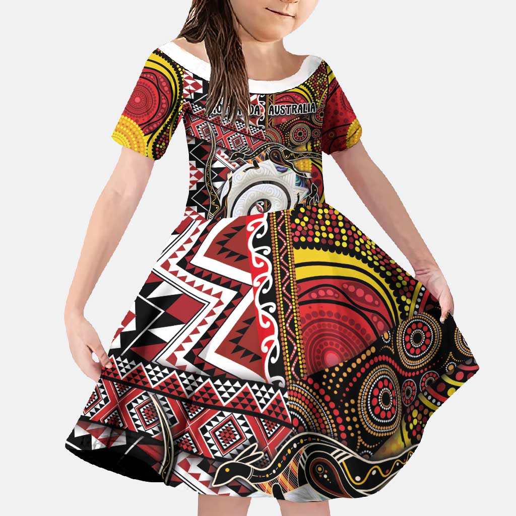 Personalised Aotearoa and Australia Together Family Matching Off Shoulder Maxi Dress and Hawaiian Shirt Koru and Kangaroo - Taniko with Aboriginal Motif