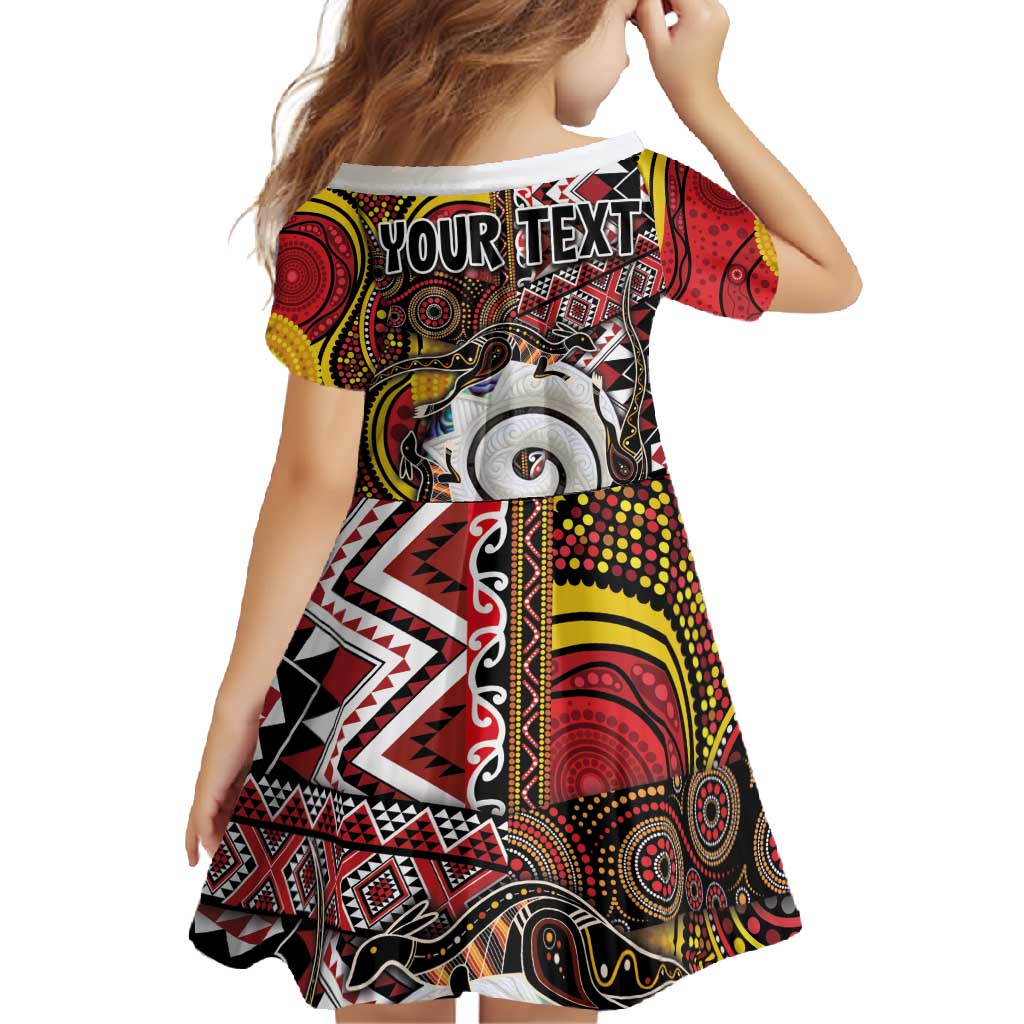 Personalised Aotearoa and Australia Together Family Matching Off Shoulder Maxi Dress and Hawaiian Shirt Koru and Kangaroo - Taniko with Aboriginal Motif