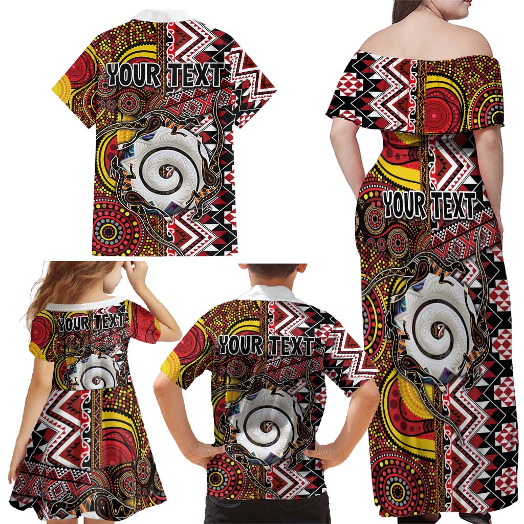 Personalised Aotearoa and Australia Together Family Matching Off Shoulder Maxi Dress and Hawaiian Shirt Koru and Kangaroo - Taniko with Aboriginal Motif