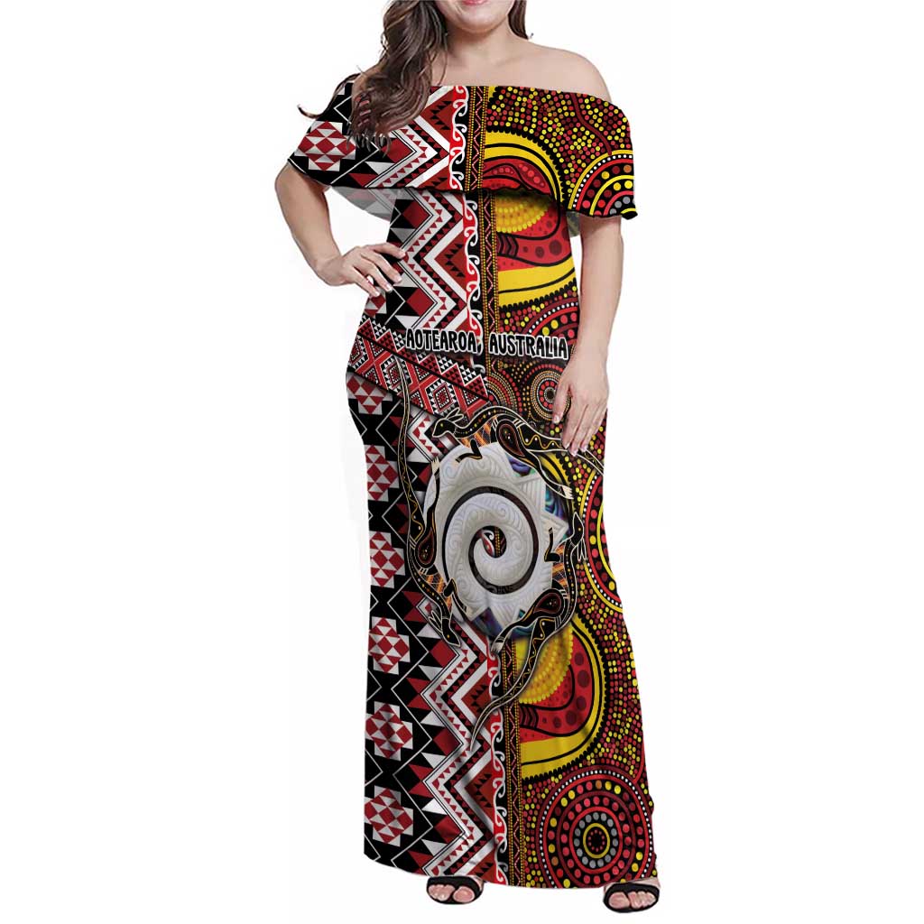 Personalised Aotearoa and Australia Together Family Matching Off Shoulder Maxi Dress and Hawaiian Shirt Koru and Kangaroo - Taniko with Aboriginal Motif