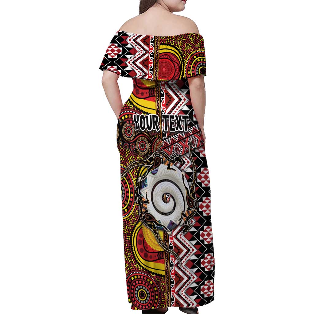 Personalised Aotearoa and Australia Together Family Matching Off Shoulder Maxi Dress and Hawaiian Shirt Koru and Kangaroo - Taniko with Aboriginal Motif