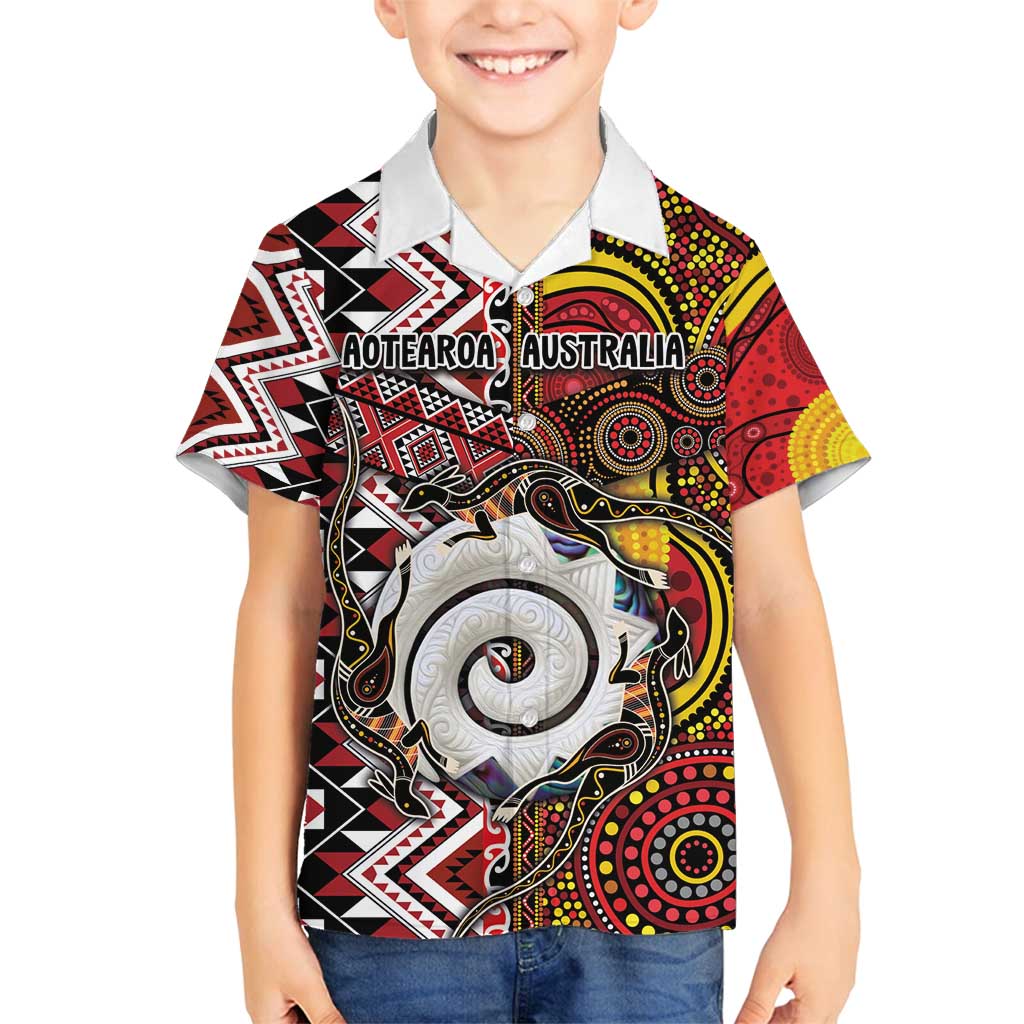 Personalised Aotearoa and Australia Together Family Matching Off Shoulder Maxi Dress and Hawaiian Shirt Koru and Kangaroo - Taniko with Aboriginal Motif