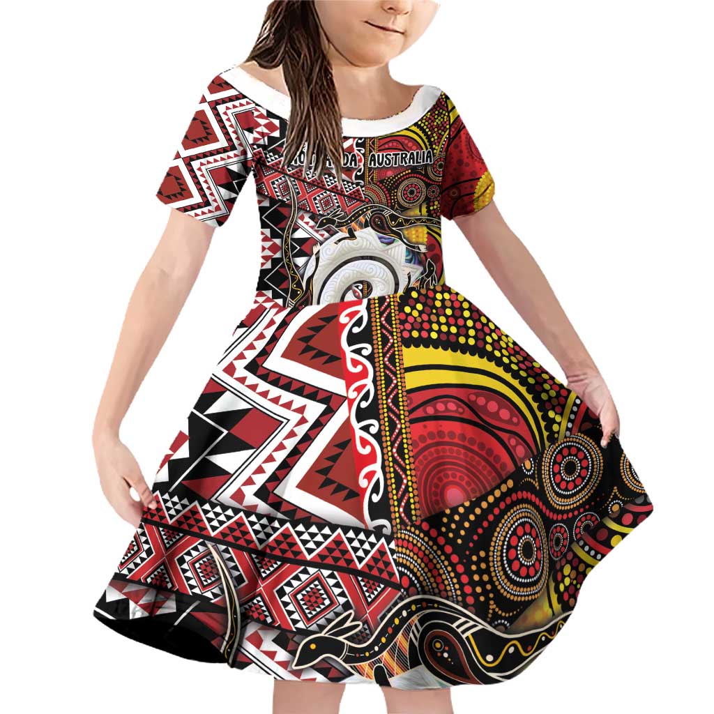 Personalised Aotearoa and Australia Together Family Matching Off Shoulder Short Dress and Hawaiian Shirt Koru and Kangaroo - Taniko with Aboriginal Motif