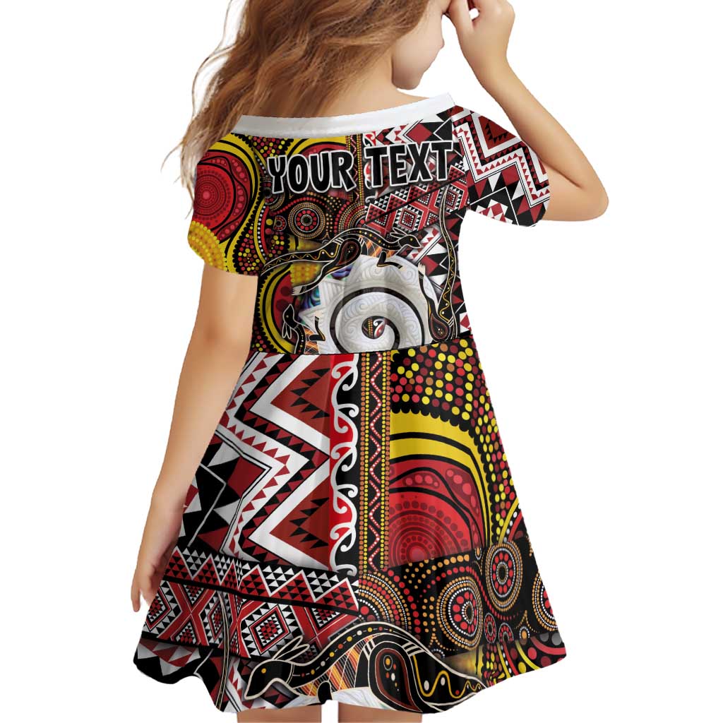 Personalised Aotearoa and Australia Together Family Matching Off Shoulder Short Dress and Hawaiian Shirt Koru and Kangaroo - Taniko with Aboriginal Motif