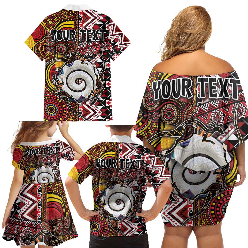 Personalised Aotearoa and Australia Together Family Matching Off Shoulder Short Dress and Hawaiian Shirt Koru and Kangaroo - Taniko with Aboriginal Motif