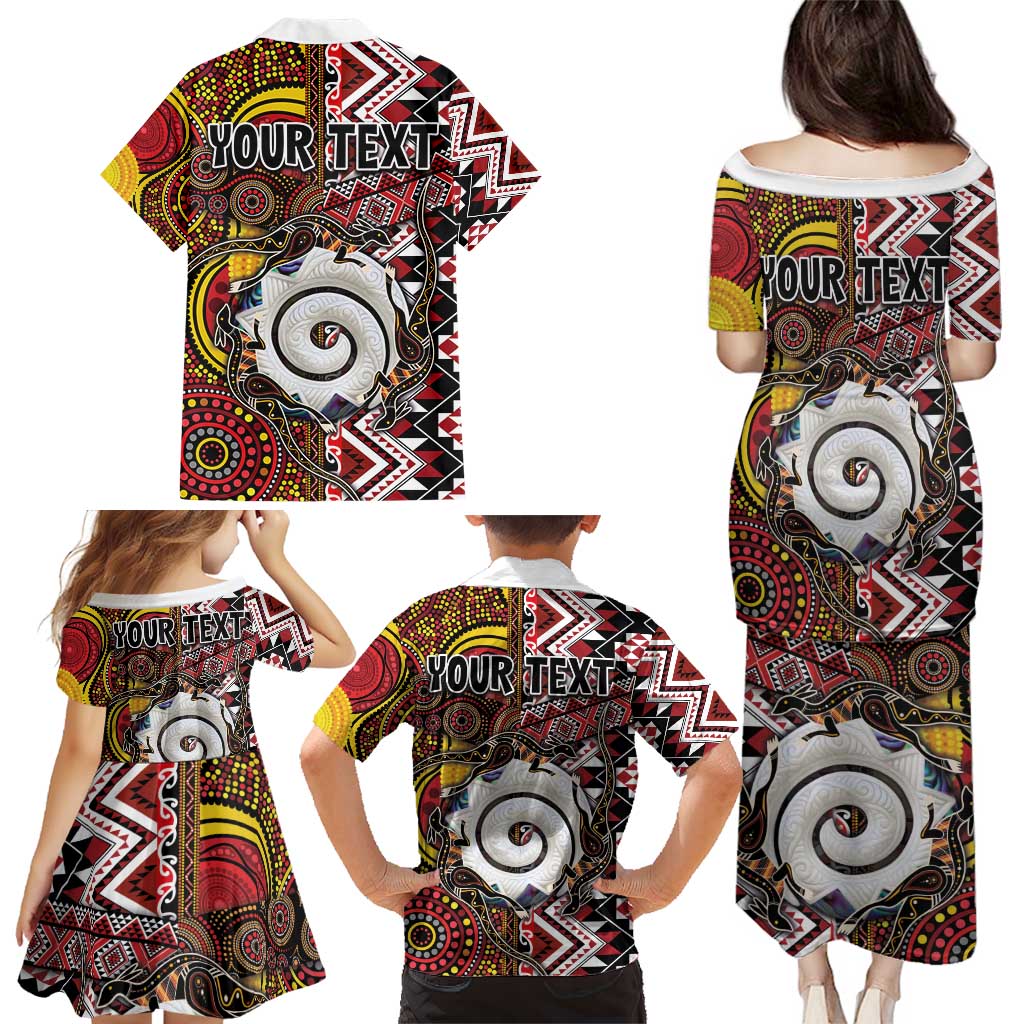 Personalised Aotearoa and Australia Together Family Matching Puletasi and Hawaiian Shirt Koru and Kangaroo - Taniko with Aboriginal Motif