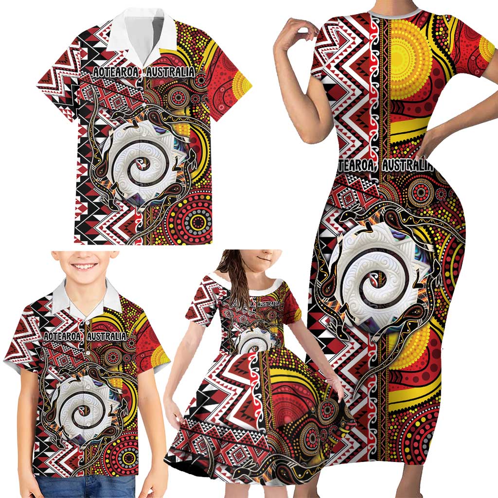 Personalised Aotearoa and Australia Together Family Matching Short Sleeve Bodycon Dress and Hawaiian Shirt Koru and Kangaroo - Taniko with Aboriginal Motif