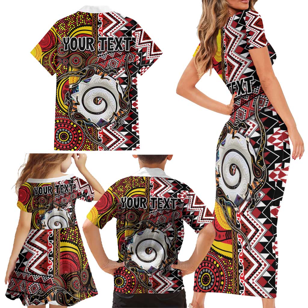 Personalised Aotearoa and Australia Together Family Matching Short Sleeve Bodycon Dress and Hawaiian Shirt Koru and Kangaroo - Taniko with Aboriginal Motif