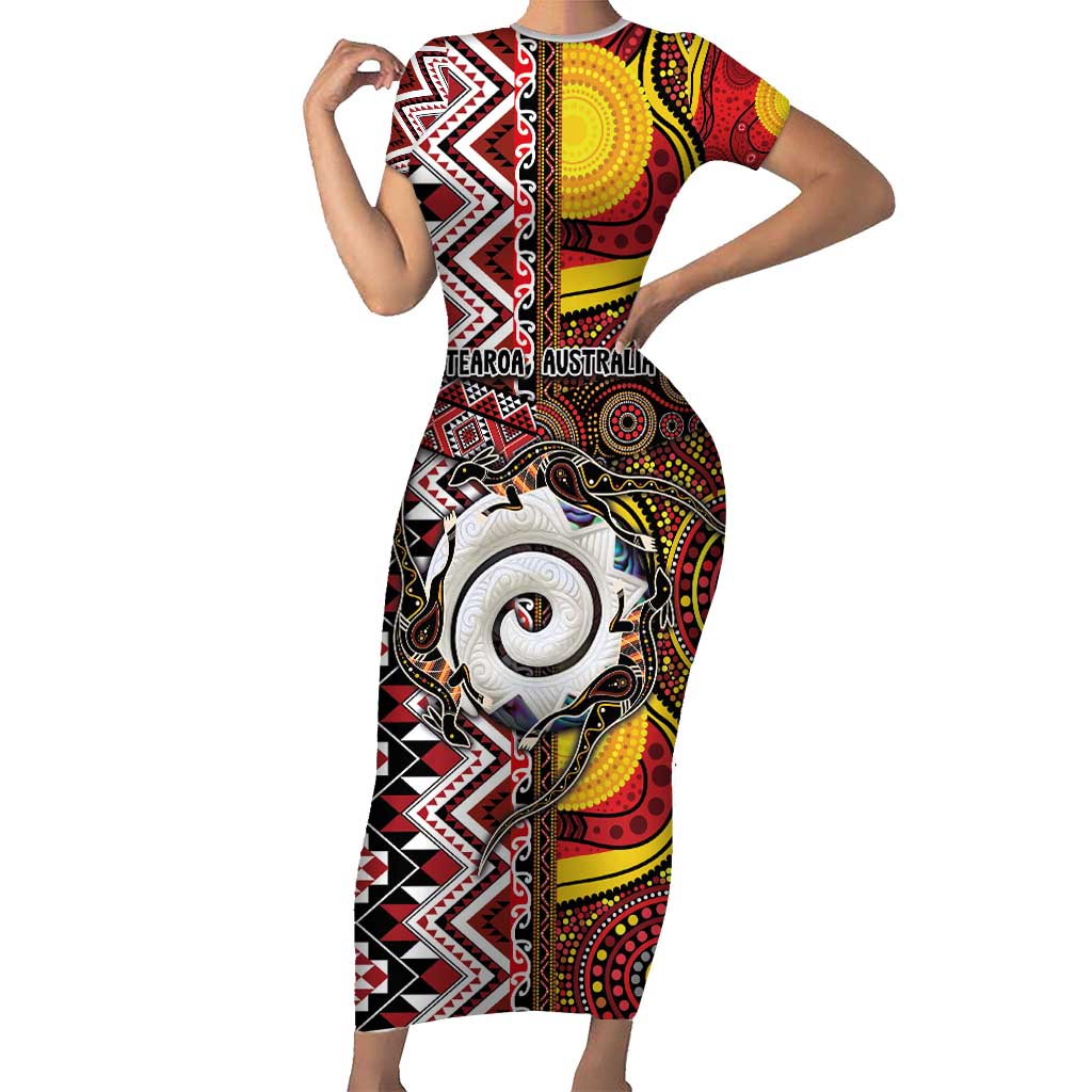 Personalised Aotearoa and Australia Together Family Matching Short Sleeve Bodycon Dress and Hawaiian Shirt Koru and Kangaroo - Taniko with Aboriginal Motif