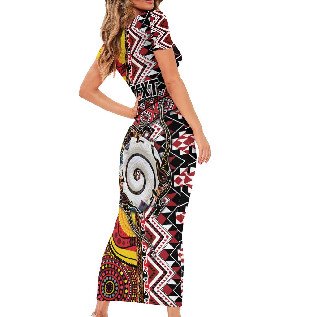 Personalised Aotearoa and Australia Together Family Matching Short Sleeve Bodycon Dress and Hawaiian Shirt Koru and Kangaroo - Taniko with Aboriginal Motif