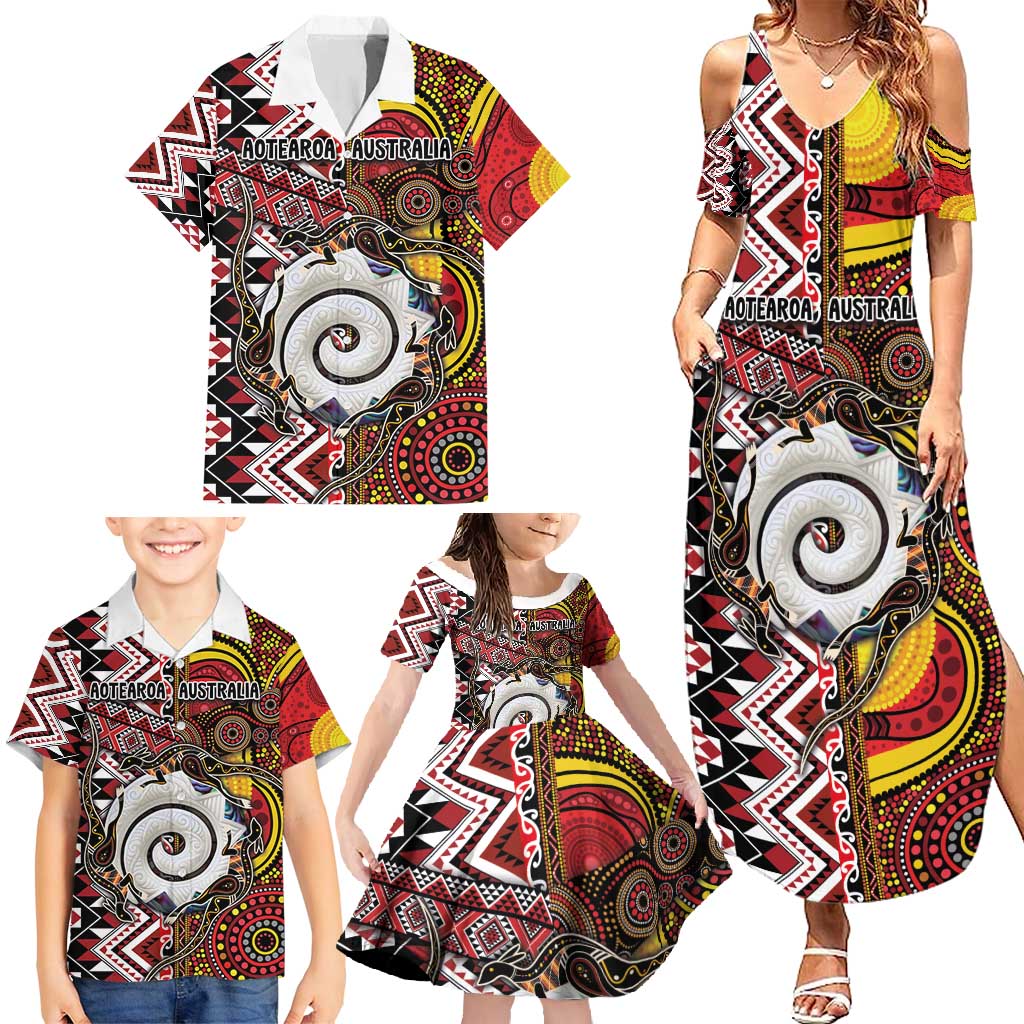 Personalised Aotearoa and Australia Together Family Matching Summer Maxi Dress and Hawaiian Shirt Koru and Kangaroo - Taniko with Aboriginal Motif