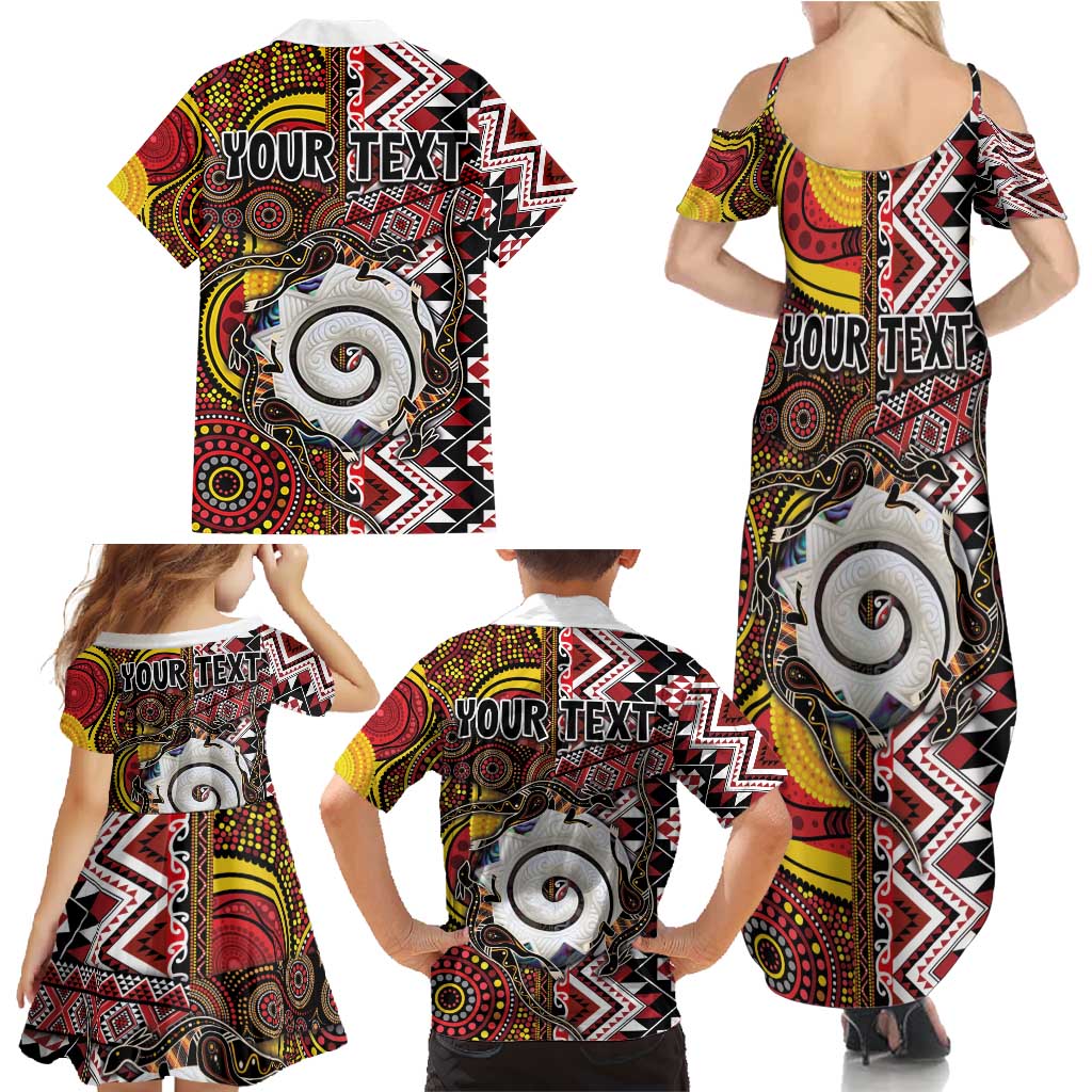 Personalised Aotearoa and Australia Together Family Matching Summer Maxi Dress and Hawaiian Shirt Koru and Kangaroo - Taniko with Aboriginal Motif