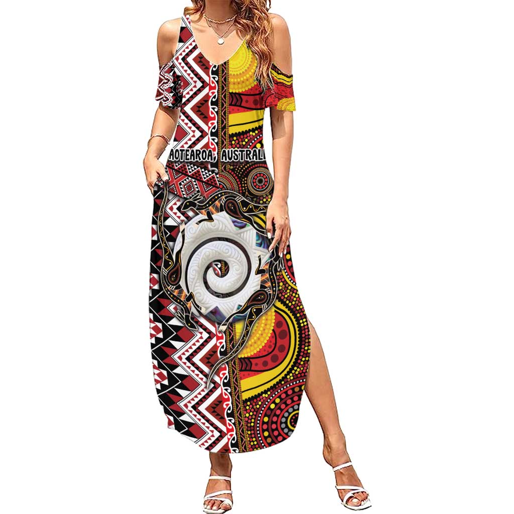 Personalised Aotearoa and Australia Together Family Matching Summer Maxi Dress and Hawaiian Shirt Koru and Kangaroo - Taniko with Aboriginal Motif