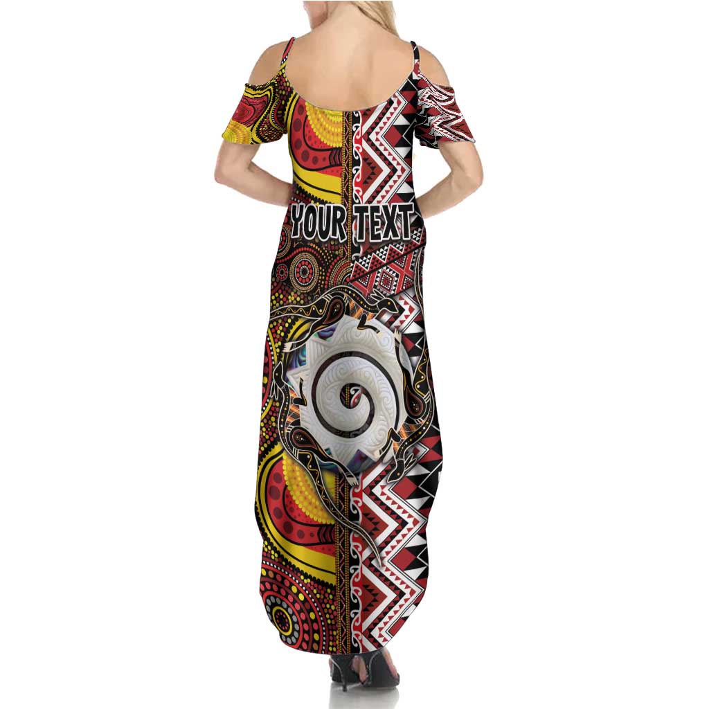 Personalised Aotearoa and Australia Together Family Matching Summer Maxi Dress and Hawaiian Shirt Koru and Kangaroo - Taniko with Aboriginal Motif